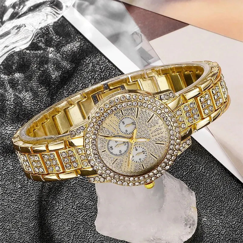 Women's Quartz Watch Gold Luxury Women Ring Necklace Earring Rhinestone Fashion Wristwatch Casual Ladies Watches Jewelry