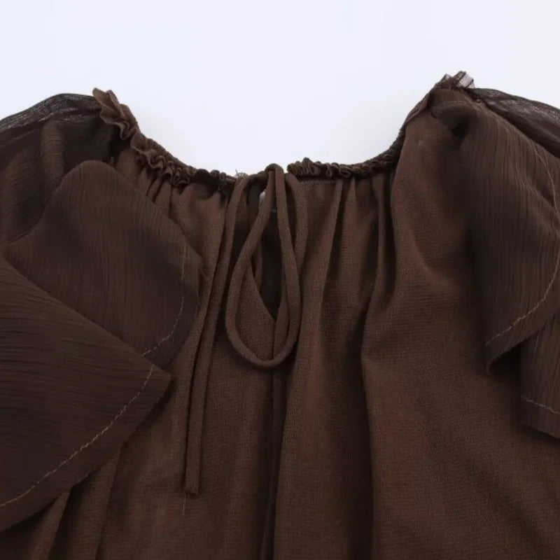 تي شيرت فضفاض ورقيق برقبة دائرية وقصة ضيقة من الدانتيل مع إحساس بالطبقات، تي شيرت خريفي كاجوال أنيق للنساء، ملابس الشارع، تي شيرت