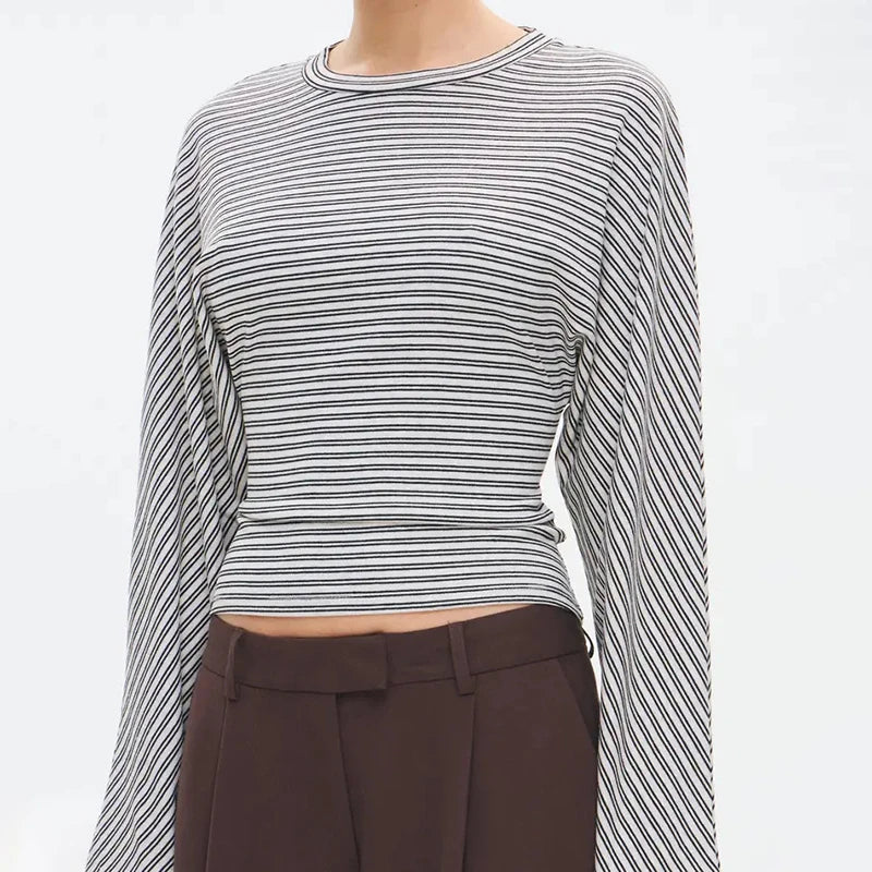 تيشيرت نسائي جديد من CUTENOVA، مخطط، بياقة دائرية، مثير، متعدد الاستخدامات، ضيق، بأكمام طويلة، قطعة علوية أنيقة، ملابس الشارع، تيشيرت كاجوال