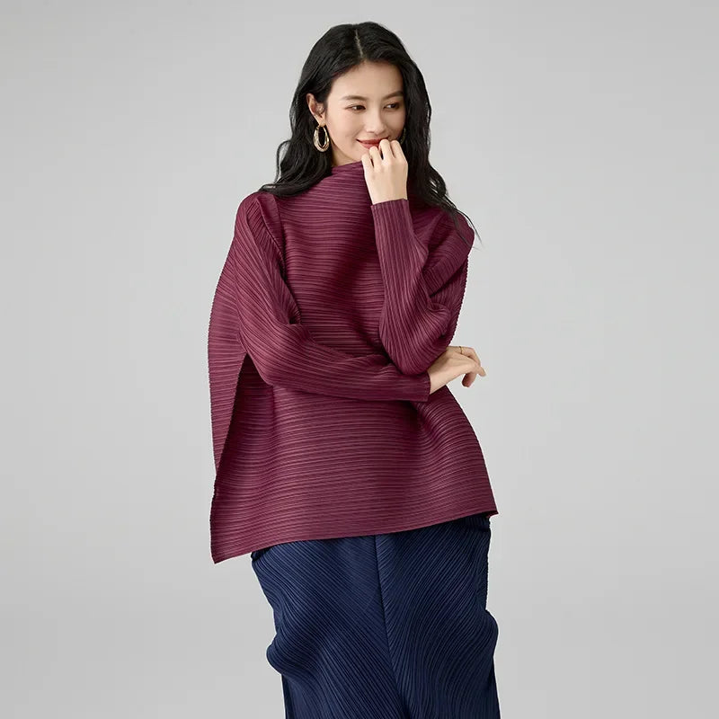 تيشيرت نسائي كاجوال بأكمام طويلة وقصة واسعة من الأسفل مع ياقة وشاح، بلوزة فضفاضة أنيقة من مياكي، صيف 2025، لون عنابي مطوي