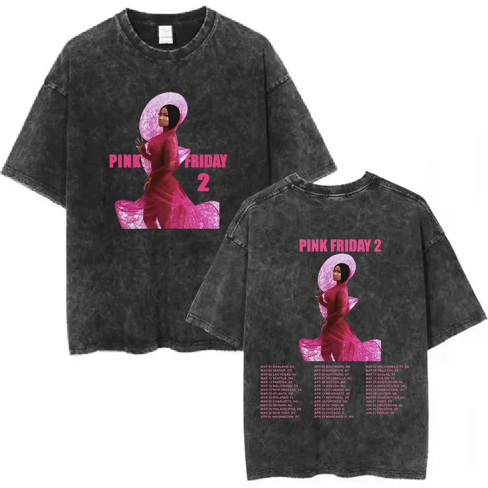 تي شيرت نيكي ميناج بينك فرايداي 2 وورلد تور القديم المغسول للرجال والنساء من القطن غير الرسمي فضفاض وكبير الحجم هدية للمعجبين ملابس الشارع