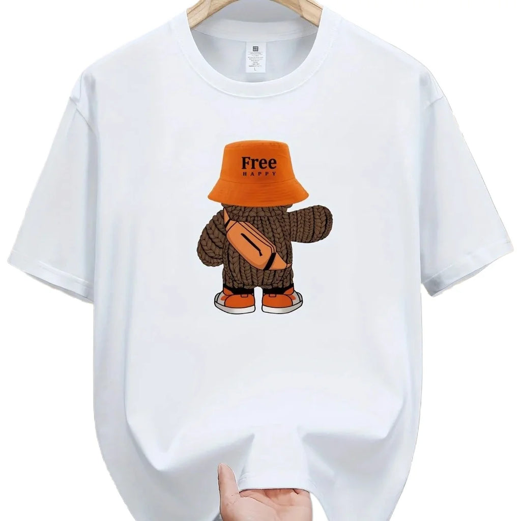 Summer men's  sports casual loose fit plus cartoon pattern printed comfortable round neck short sleeved T-shirt