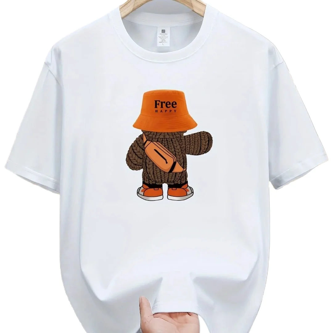 Summer men's  sports casual loose fit plus cartoon pattern printed comfortable round neck short sleeved T-shirt