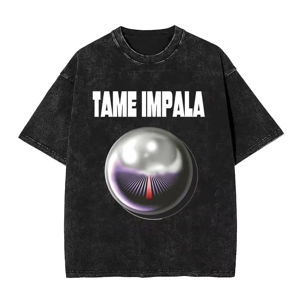 تي شيرتات 2025 Washed Vintage Tame Impala Graphic Print Tshirts ملابس رجالية تي شيرت Pop Rock Band للرجال والنساء تي شيرت عصري ريترو