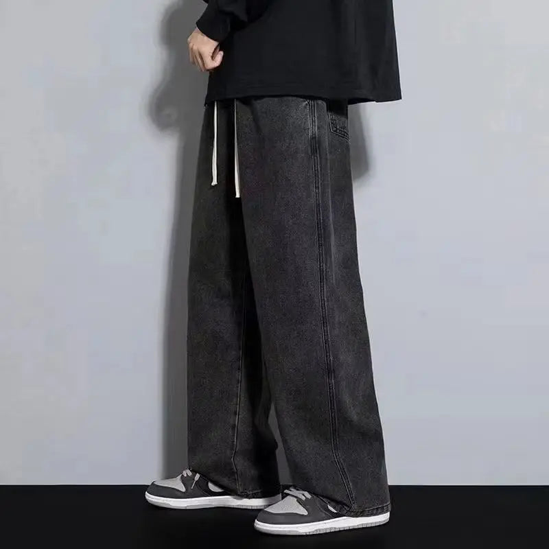 2026New Streetwear Loose Jeans Men Korean Style Fashion Loose Straight Wide Leg Pants Men's Brand Clothing Black Light Blue