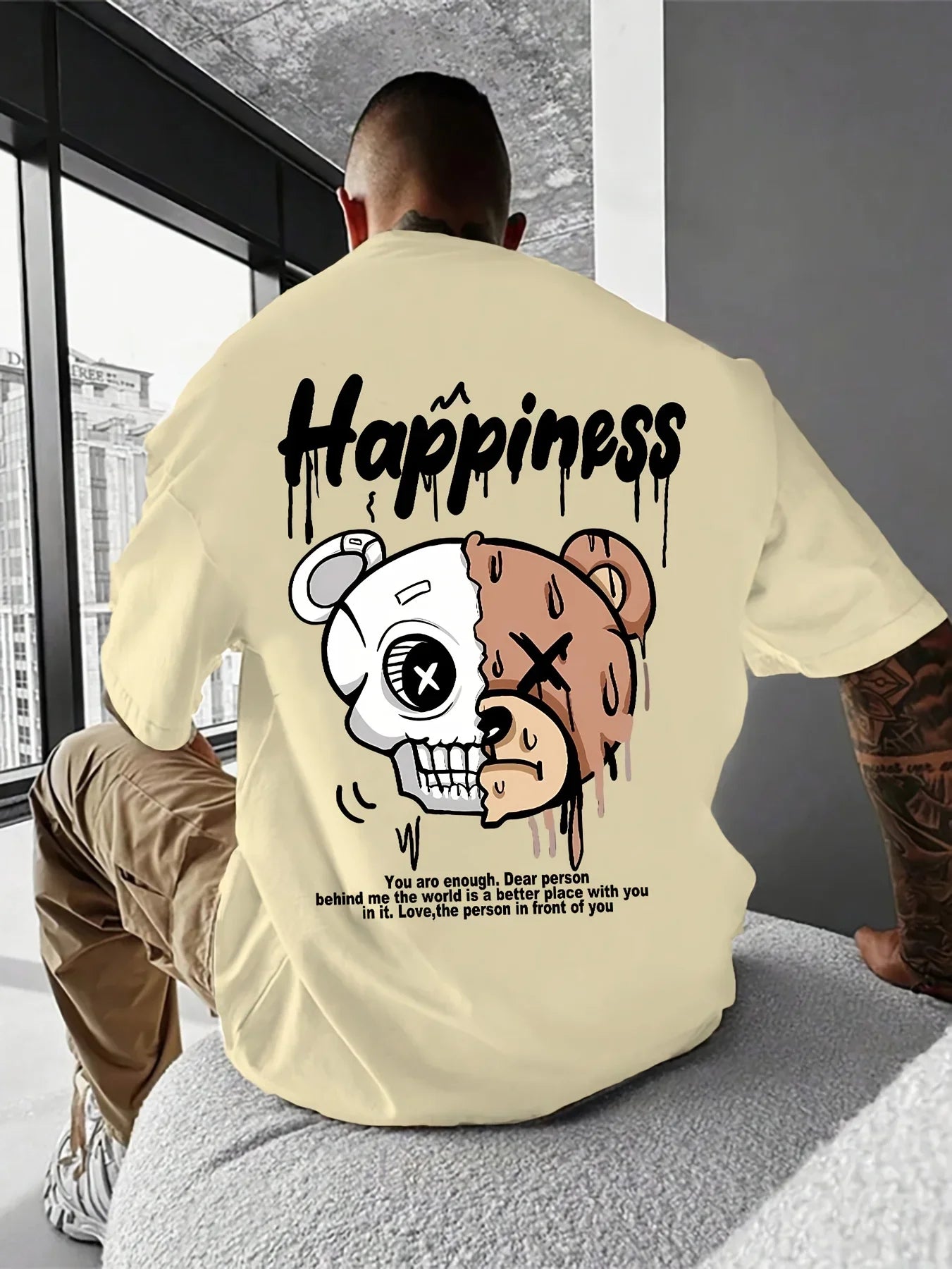 Men's summer 100% pure cotton fashionable casual sports loose cartoon bear pattern print round neck short sleeved T-shirt top