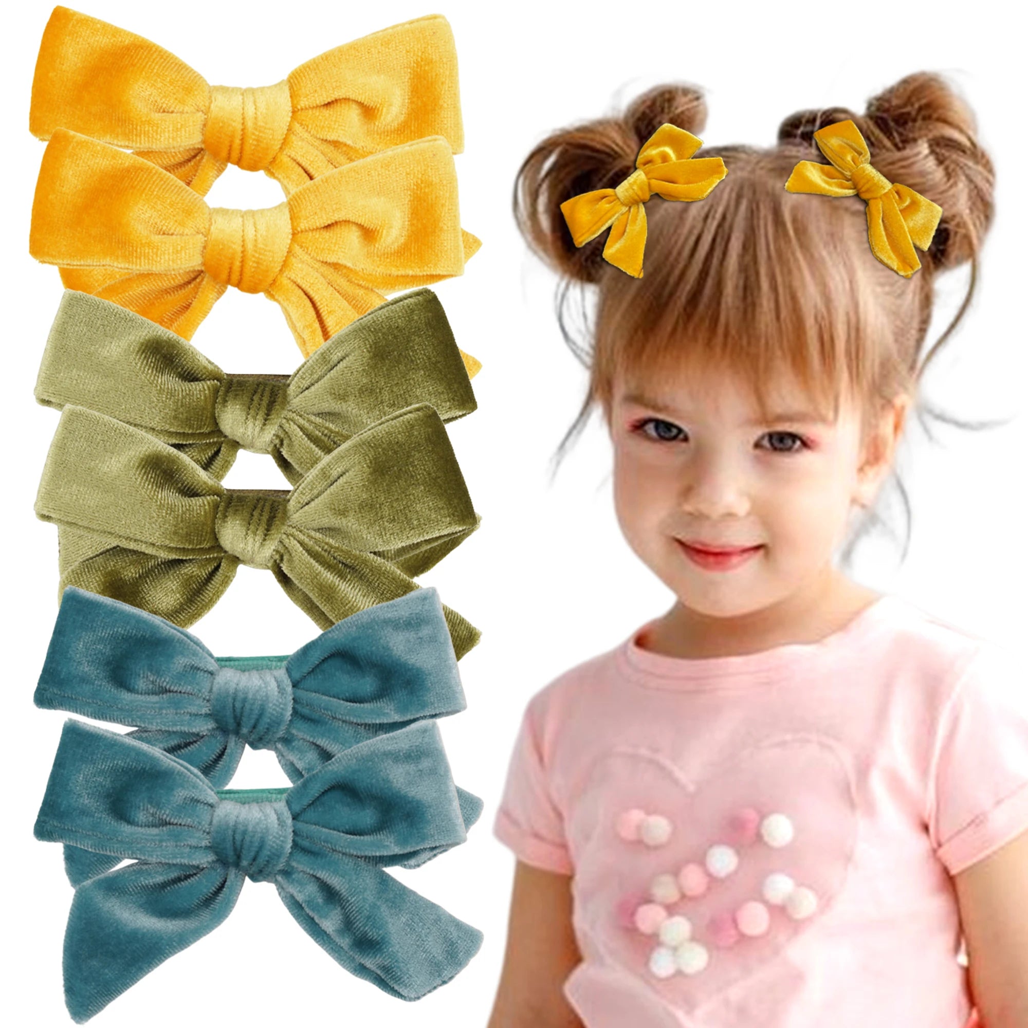 ٦ قطع/٣ أزواج من مشابك شعر مخملية على شكل فيونكات شعر للبنات الصغيرات، فيونكات شعر معدنية ٤ بوصة، مشابك شعر، إكسسوارات شعر للبنات الصغيرات