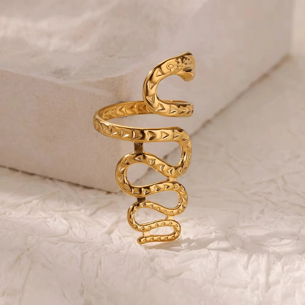 خواتم ثعبان من الفولاذ المقاوم للصدأ مطلي بالذهب عيار 316L للنساء والرجال، مفتوحة وقابلة للتعديل، بتصميم قوطي عتيق، مجوهرات جمالية.