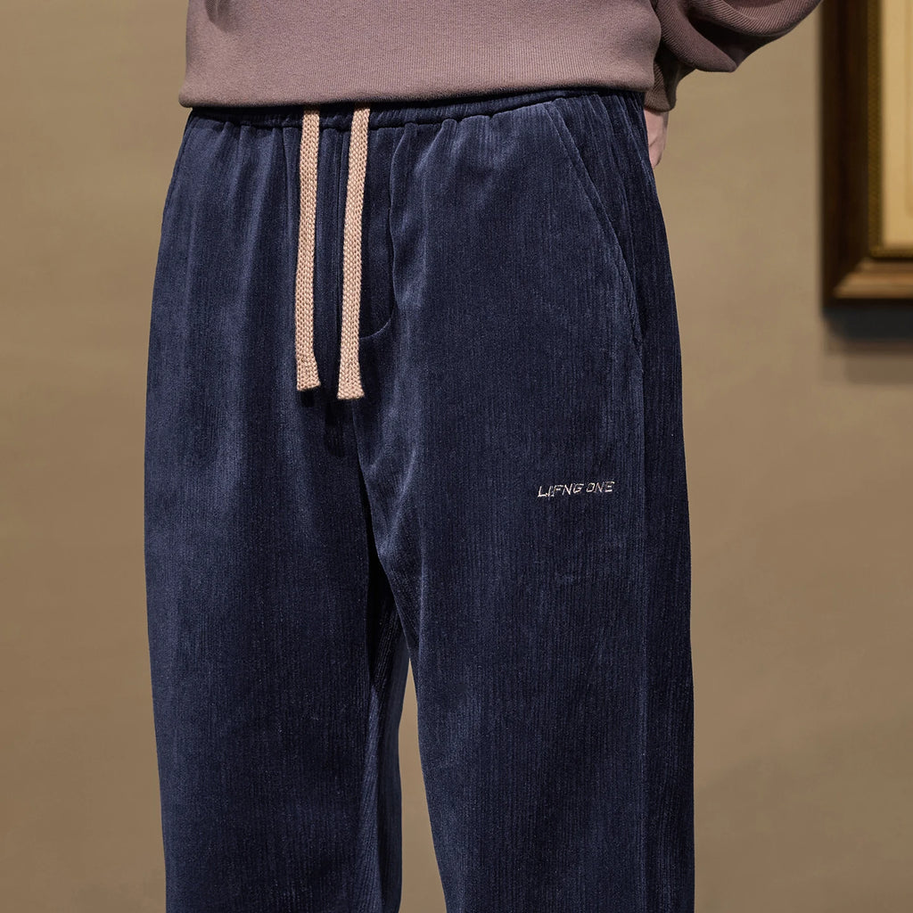 Soft Corduroy Men's Casual Pants Autumn New Elastic Waist Loose Straight Black Gray Trousers Comfortable Fashion Male Clothes