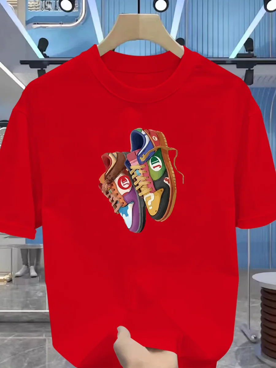 تي شيرت رجالي صيفي قطني - ماركة أزياء - نمط ملابس رياضية ضيقة - نمط عصري للمراهقين - حذاء مطبوع - بلوزة بأكمام قصيرة