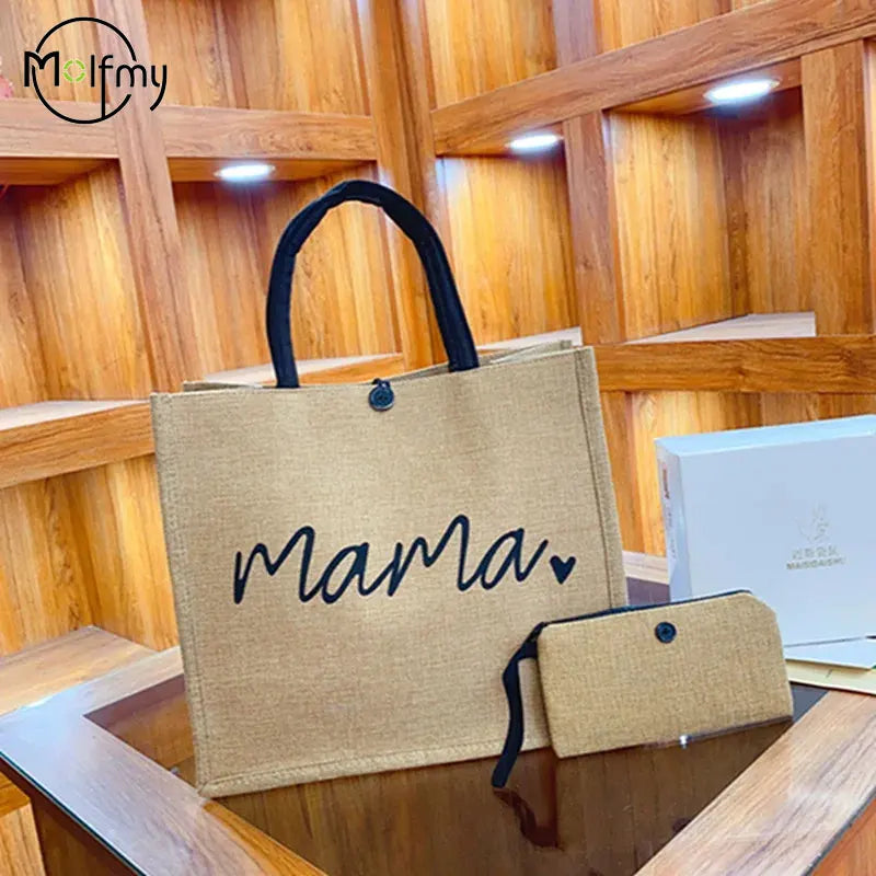 حقيبتان كبيرتان من الكتان، حقيبة يد قماشية واسعة، حقائب تسوق، حقيبة مكياج، محفظة نقود، هدية مثالية لحفلات الزفاف وأعياد الميلاد وعطلات الشاطئ