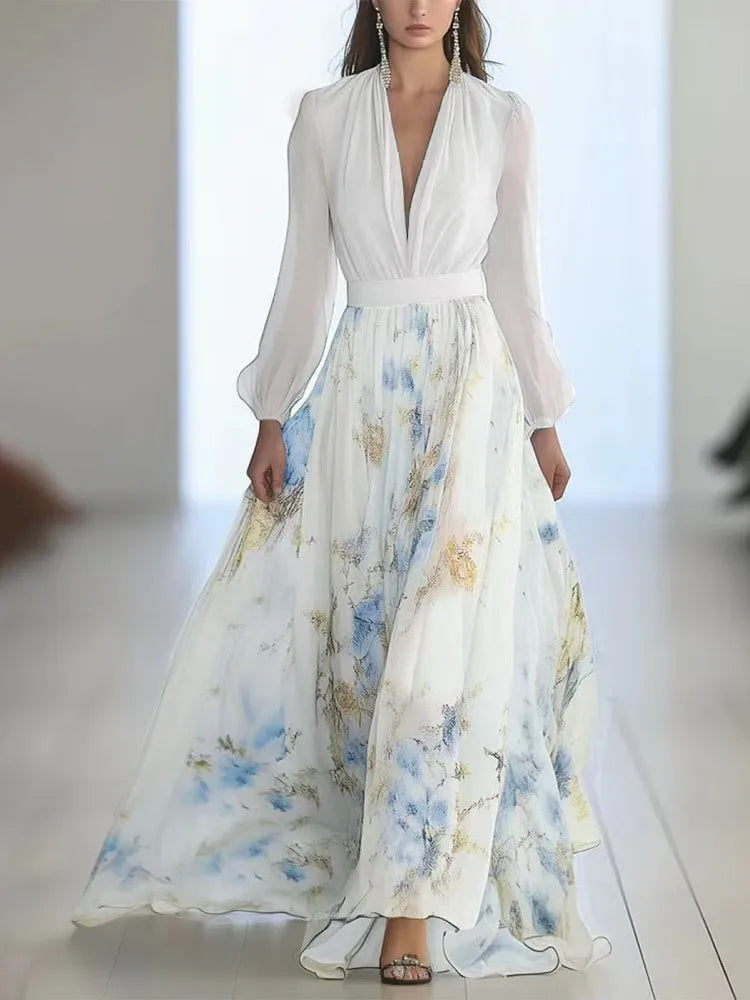 Elegant V-neck Long-sleeved Chiffon Dress Fashion Spring Autumn Powder Sleeve Splicing Flower Printing Casual Dresses Female