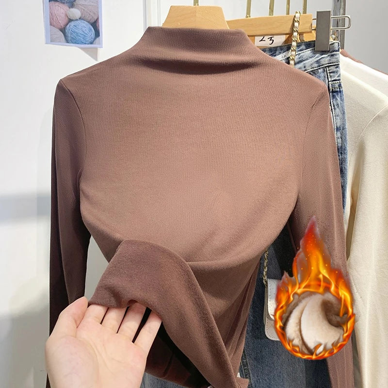 تي شيرتات نسائية كورية بأكمام طويلة وياقة مدورة موديل 2025، تي شيرتات كورية بسيطة بطبقة أساسية، تي شيرتات خريف وشتاء كاجوال، تي شيرتات دافئة من الصوف المخملي الأساسي النحيف