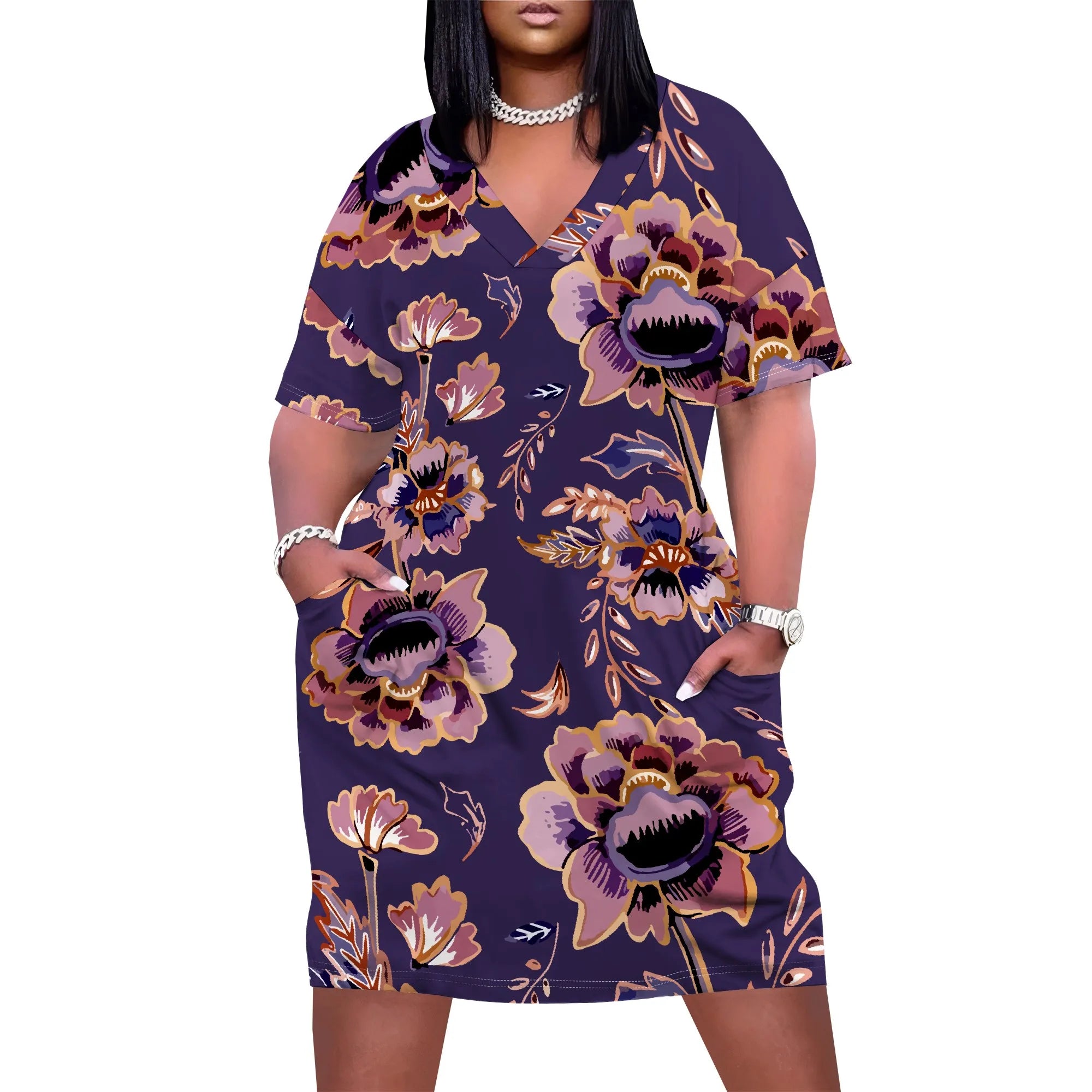 Plus Size Floral Print Dress for Women Summer V Neck Casual T Shirt Dress with Pockets Elegant Style