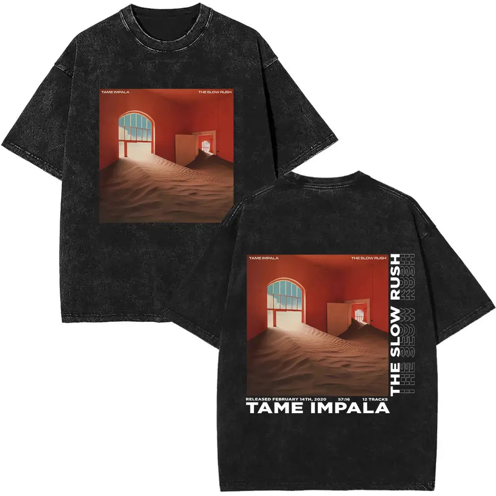 تي شيرت رجالي كاجوال فضفاض بأكمام قصيرة من القطن مطبوع عليه عبارة VintageWashed Pop Rock Band Tames Impala Current Graphic Print