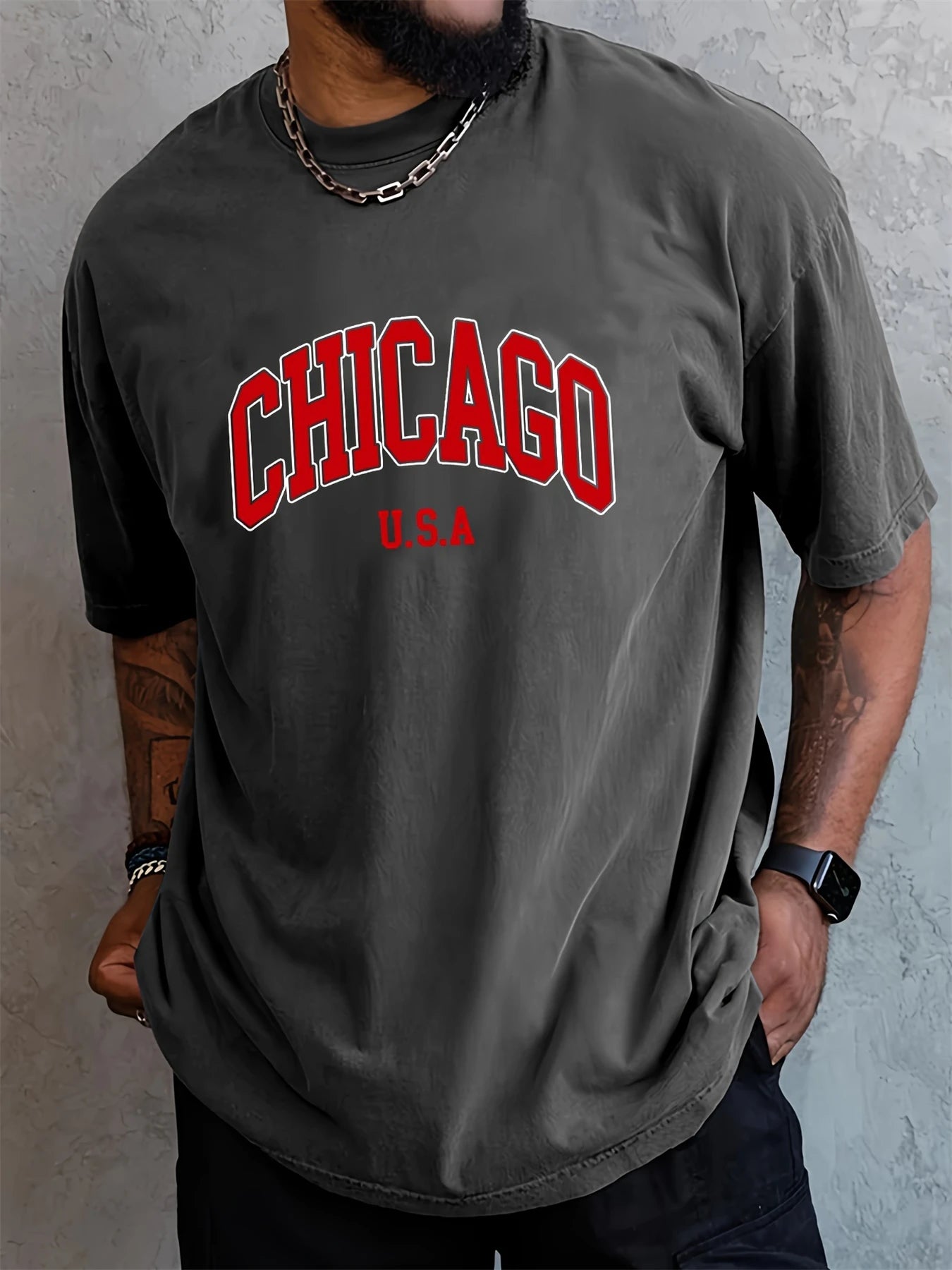 Men's summer 100 cotton fashionable casual loose plus size Chicago USA printed sports round neck short sleeved T-shirt top