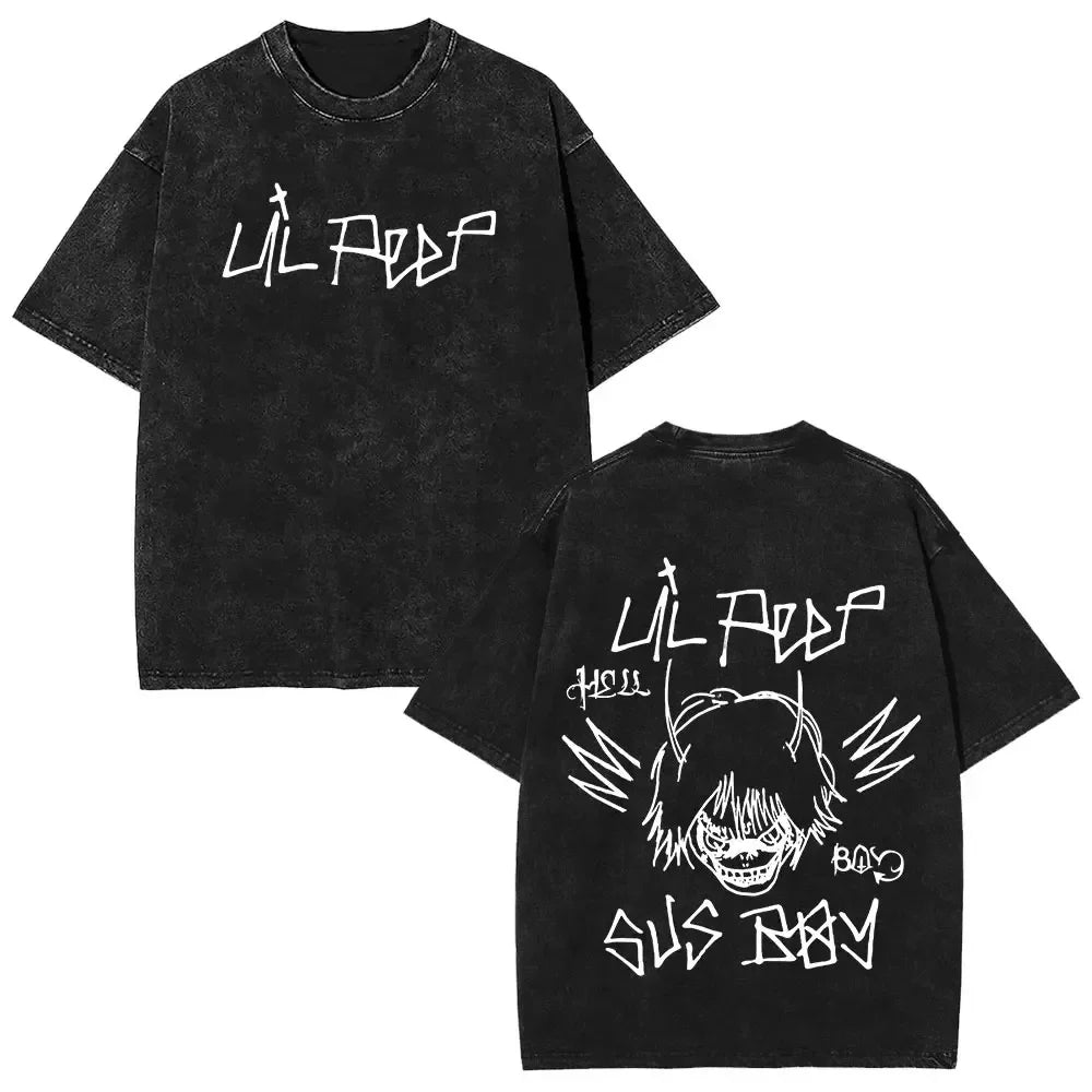 2025 مغني الراب ليل بيب ألبوم موسيقى Bear Crybaby Vintage Washed T Shirts للرجال والنساء هيب هوب فضفاضة بأكمام قصيرة تي شيرتات الشارع