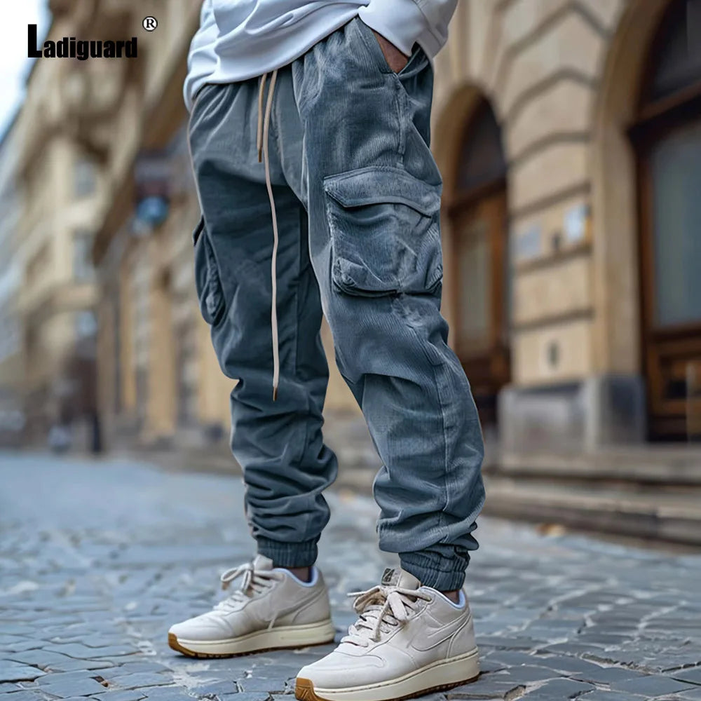 Men's Stand Pocket Corduroy Cargo Pants 2024 Autumn Basic Full-Length Trouser Plus Size Mens Casual Drawstring Sweatpants New