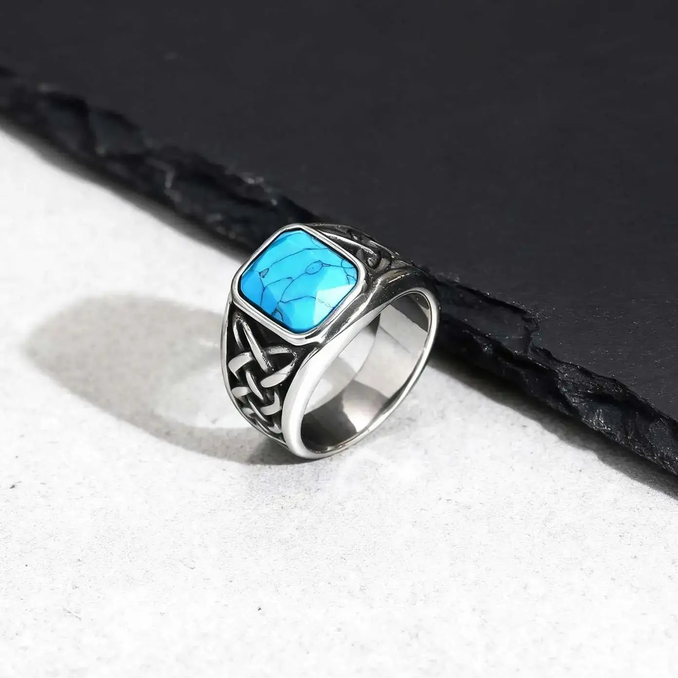 خواتم عرقية عتيقة للرجال، خاتم إصبع من رون عقدة الفايكنج القديمة، خاتم مجوهرات من حجر مربع هندسي أسود