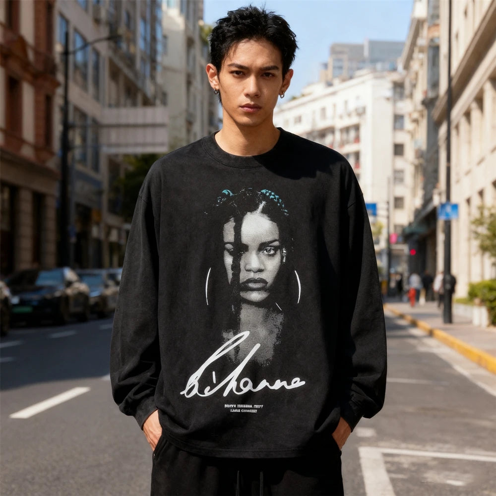 تي شيرت KUCLUT RIHANNA Fashion بأفضل جودة مطبوع عليه وجه كبير بأكمام طويلة ومقاس كبير فضفاض 100% قطن تي شيرت عتيق للرجال والنساء