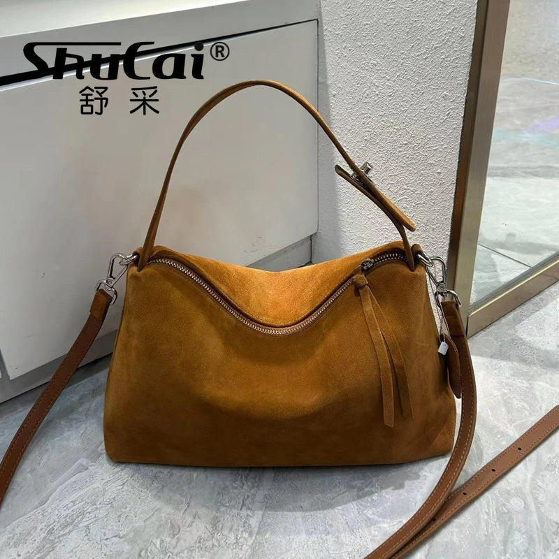 حقيبة يد نسائية فاخرة من الجلد السويدي الناعم غير اللامع بتصميم بوسطن كبير الحجم لفصل الخريف والشتاء، حقيبة كتف متقاطعة للنساء