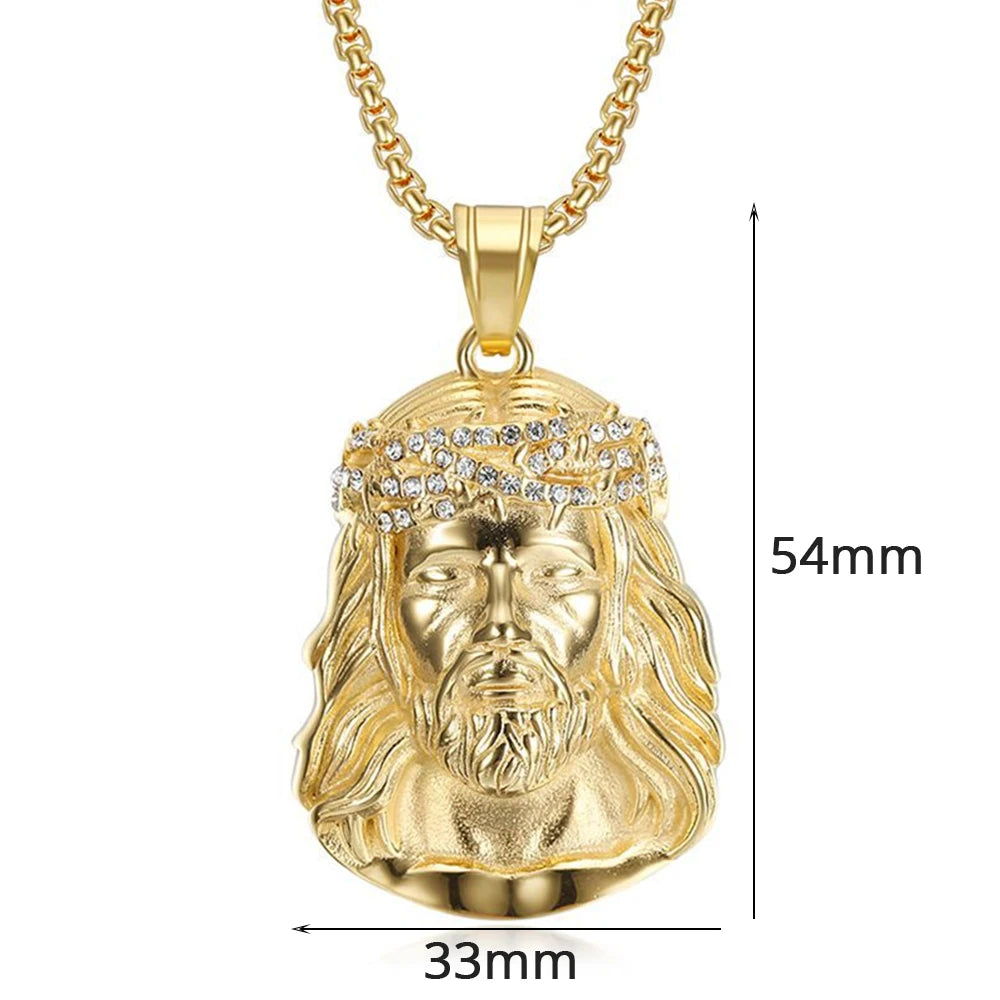 Religious Fashion Christ Jesus Head Pendant Gold Color Stainless Steel CZ Christian Necklace For Men Jewelry Male Gift 2025