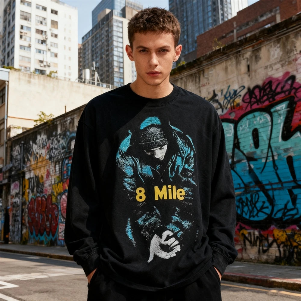 تي شيرت رجالي عتيق برسومات مطبوعة على الطراز الأمريكي من KUCLUT 8mile Fashion بأفضل جودة ومقاس كبير وأكمام طويلة