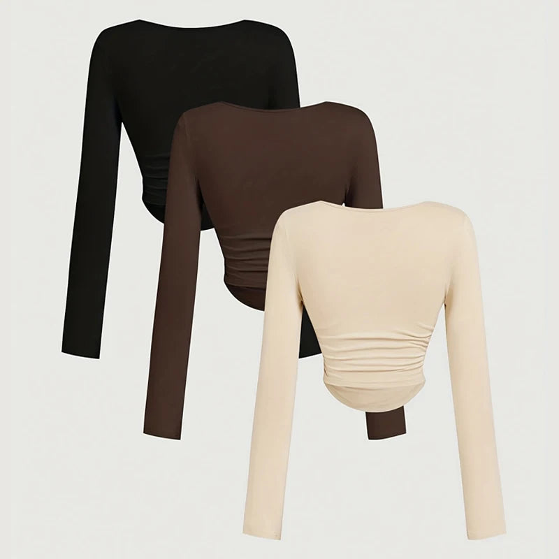 مجموعة من 3 قطع من قمصان الخريف والشتاء النسائية بأكمام طويلة وقمصان قصيرة موضة خريف 2025، رقبة مربعة، ملابس أساسية للخروج، تيشيرتات مناسبة لفصل الربيع والصيف