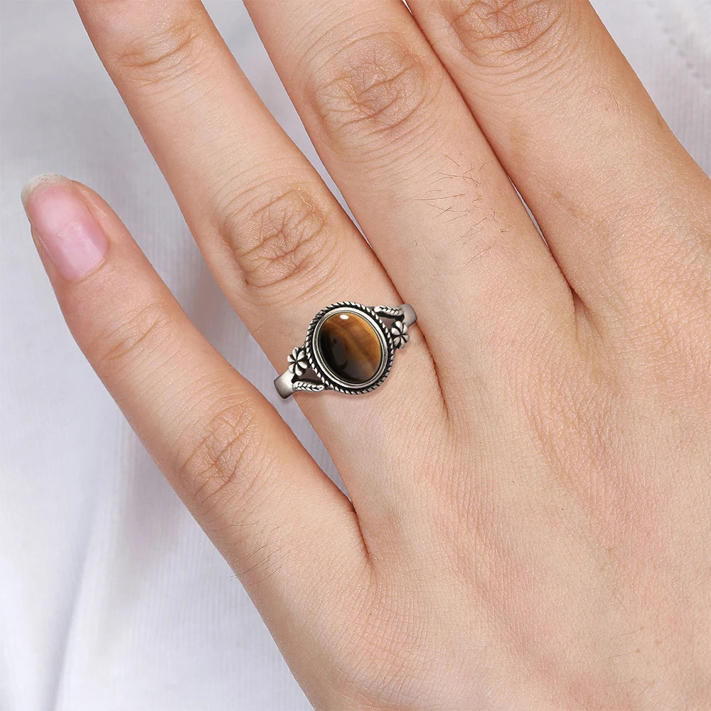 خواتم فضة إسترليني عيار 925 بتصميم عتيق، مرصعة بحجر عين النمر الطبيعي على شكل زهرة، مقاس 8×10 مم، مناسبة للرجال والنساء.