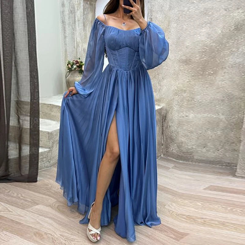 Elegant V-neck Long Sleeve Robe Long Dress Women Fashion Hight Waist Solid Party Dress Sexy Split Chiffon Pleated Gowns Dresses