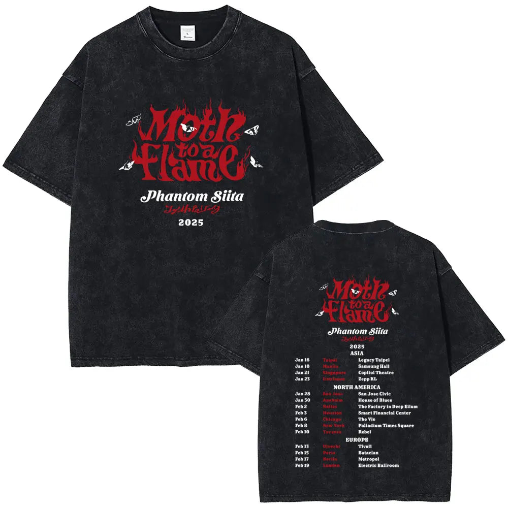 تي شيرت رجالي من القطن الخالص مطبوع عليه عبارة Ado Moth To The Fire Phantom Siita Washed T-shirt، تي شيرت رجالي فضفاض بتصميم ريترو وموسيقى البوب ​​اليابانية