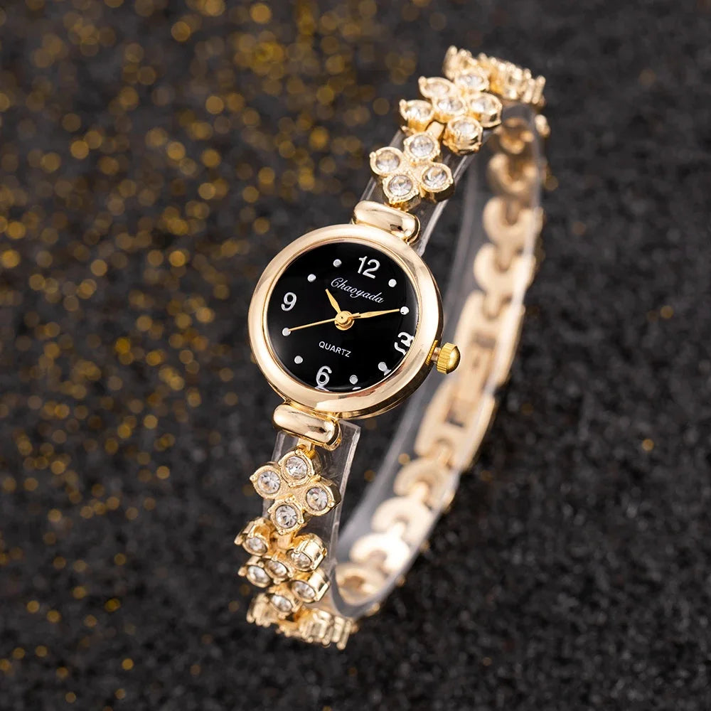 ساعة نسائية فاخرة مرصعة بأحجار الراين، ساعة كوارتز أنيقة ذات مينا صغير، مصنوعة من سبيكة معدنية، ساعة يد نسائية بسيطة وعملية.