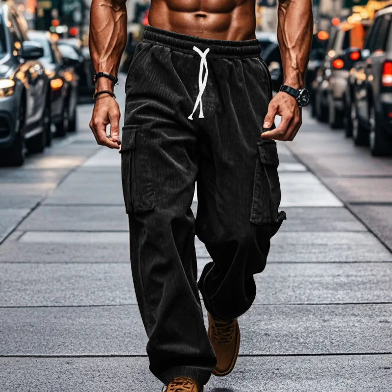 Vintage Corduroy Casual Pants Men Multi Pocket Loose Wide Leg Straight Trousers 2025 New Autumn Fashion Britches Streetwear