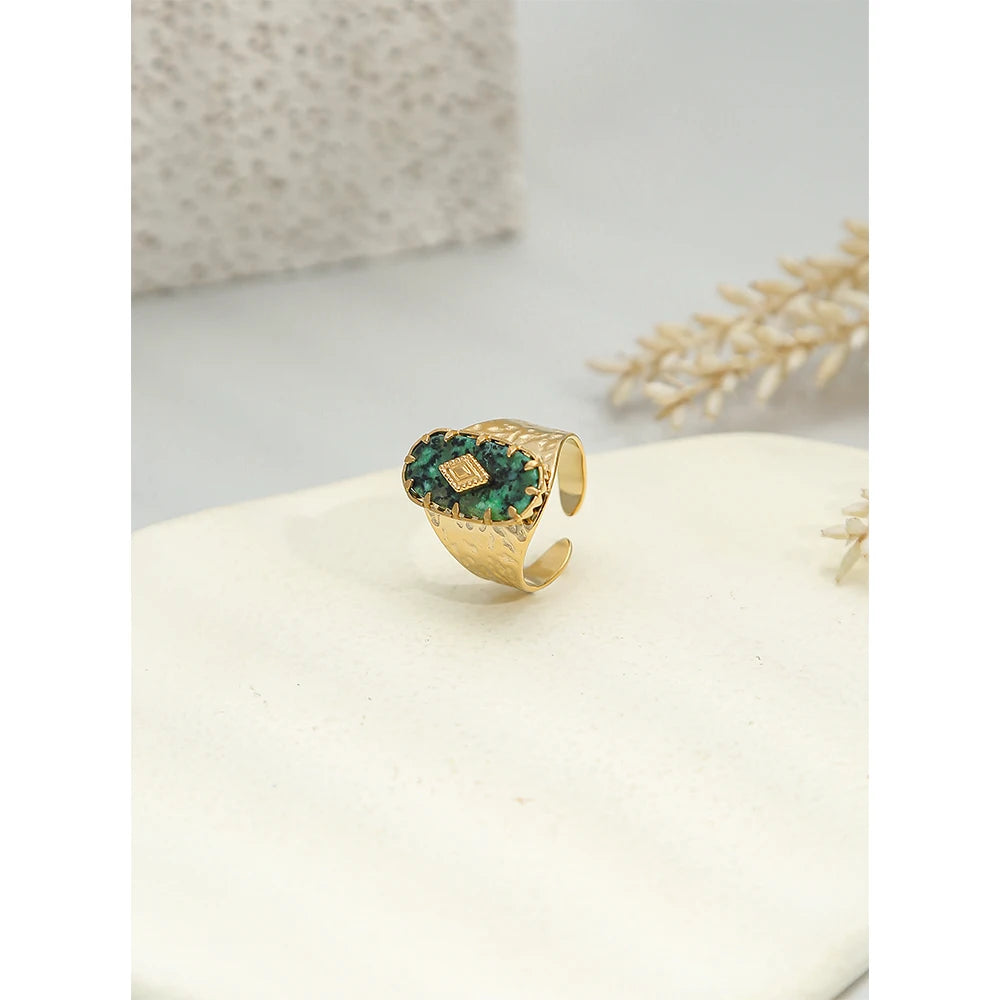 خواتم ياشان العريضة من الفولاذ المقاوم للصدأ للنساء، مطلية بالذهب عيار 18 قيراطًا، ذات ملمس معدني أنيق، مرصعة بحجر طبيعي، خاتم عصري، هدية مجوهرات