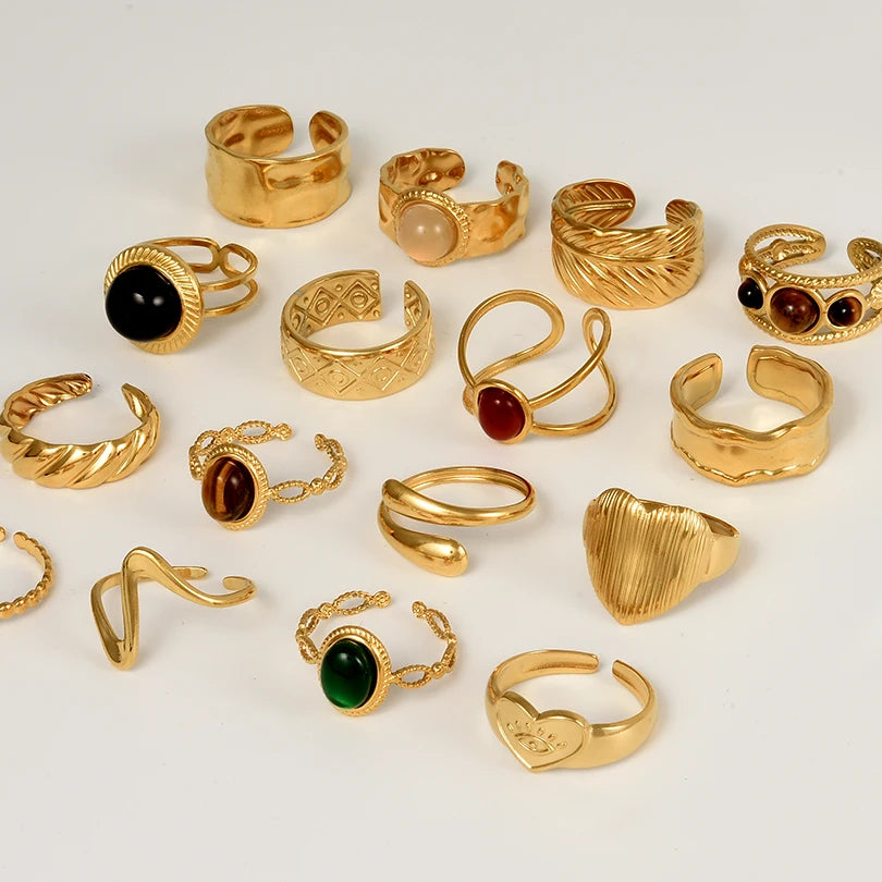 1 قطعة من خواتم عين النمر الكلاسيكية المصنوعة من الفولاذ المقاوم للصدأ القابلة للتعديل والمفتوحة للنساء والرجال إكسسوارات خاتم إصبع ذهبي اللون