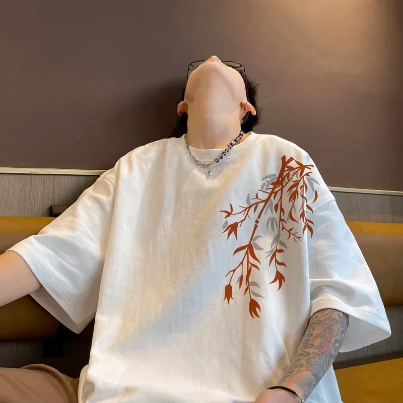 تي شيرت رجالي كبير الحجم من القطن، تي شيرت رجالي أبيض مقاس 5XL، ملابس صيفية كاجوال، تي شيرت مطبوع عليه الخيزران للرجال