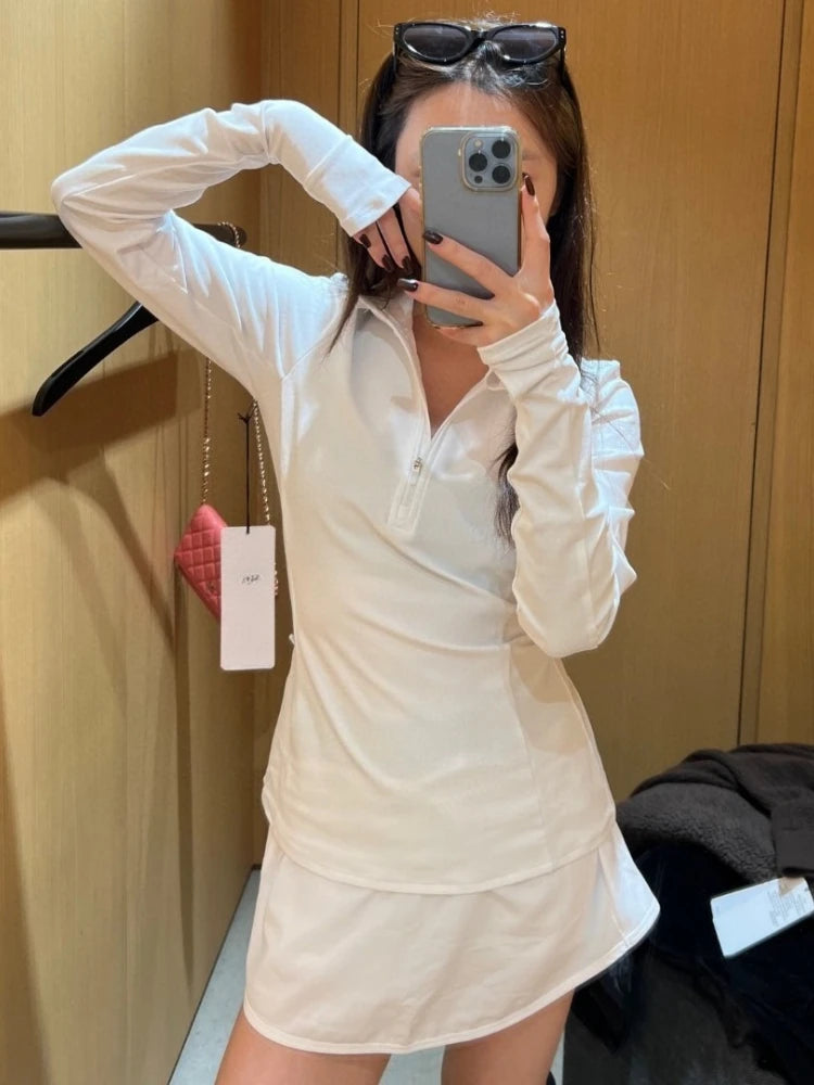 قميص بولو يوجا نسائي رياضي بنصف سحاب وأكمام طويلة، قميص خريفي أسود أنيق كوري ضيق ومريح، قمصان نسائية سادة