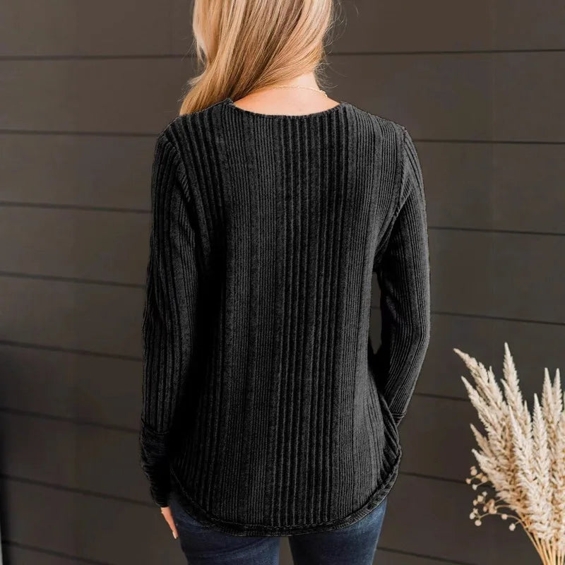 قميص محبوك نسائي جديد لخريف وشتاء، بلوزة محبوكة مضلعة برقبة على شكل حرف V، بأزرار وأكمام قابلة للطي، ملابس Y2k