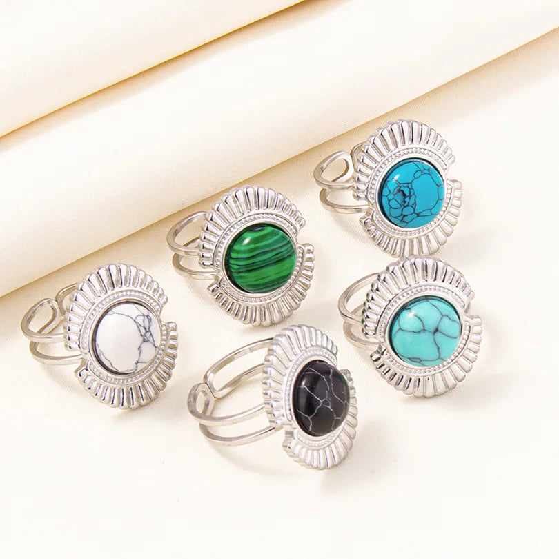 1/5 قطع من الخواتم المفتوحة غير المنتظمة والسميكة المصنوعة من الفولاذ المقاوم للصدأ والمزينة بأحجار صناعية متنوعة، بتصميم هندسي عتيق مميز، مجوهرات نسائية