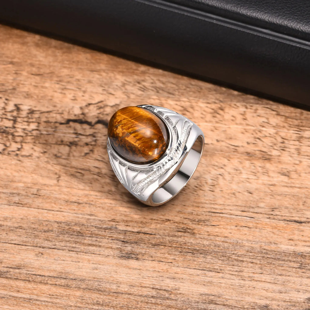 خواتم بيضاوية بنية اللون للرجال والفتيان، خاتم من الفولاذ المقاوم للصدأ مرصع بحجر عين النمر الطبيعي، هدايا مجوهرات عصرية للأب أو الزوج أو الحبيب