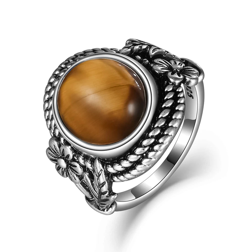 خواتم فضة إسترليني عيار 925 بتصميم عتيق، مرصعة بحجر عين النمر الطبيعي على شكل زهرة، مقاس 8×10 مم، مناسبة للرجال والنساء.