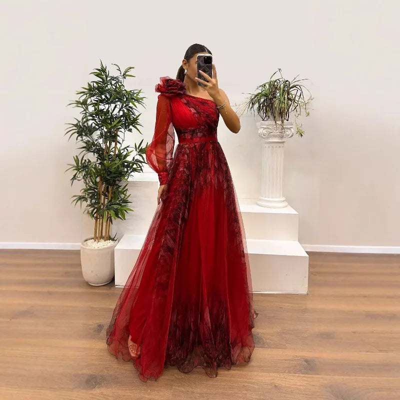 2025 Women Evening Dress Off Shoulder Pleated Long Lantern Sleeve Split Hem Maxi Dress Rhinestone Decor High Waist Party Dresses