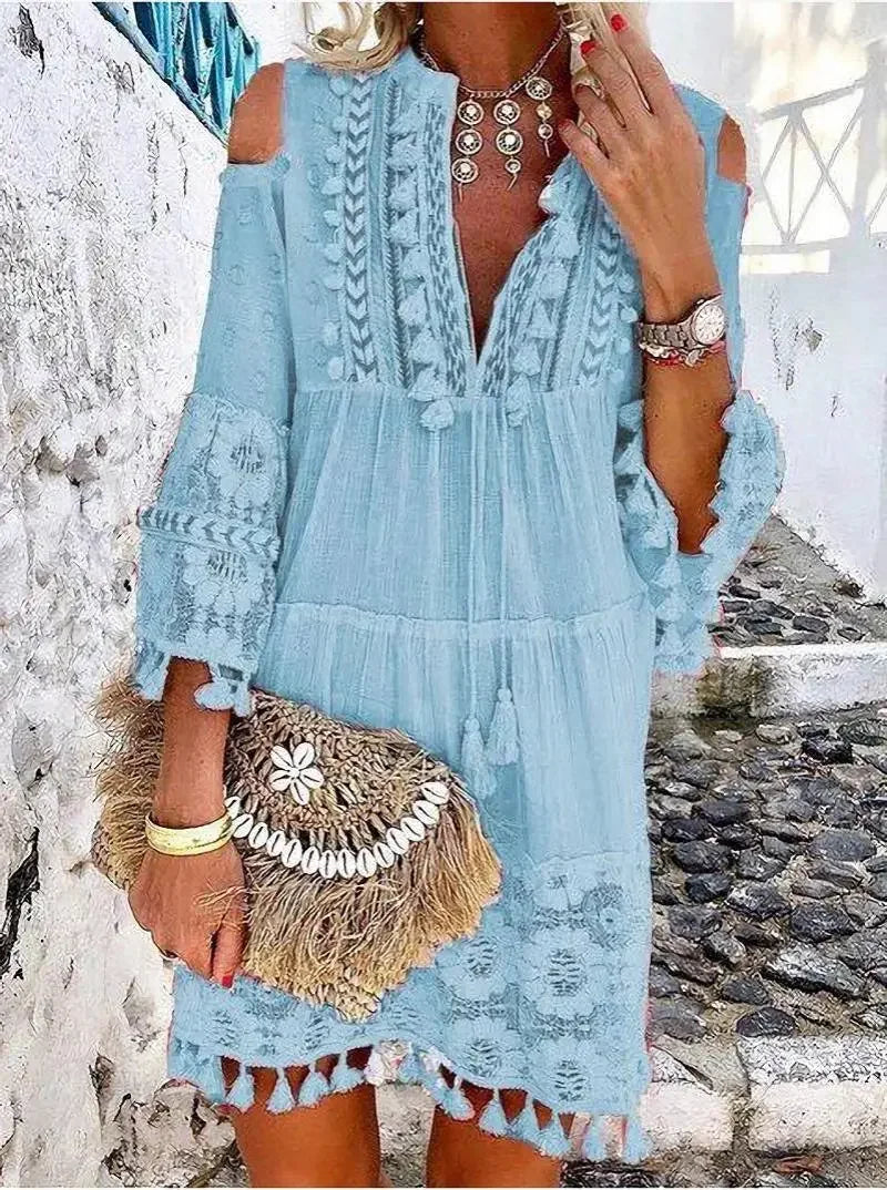 Spring Large Size Women Dress Lace White V-neck Lace Tassel Casual Dresses Female New Casual Elegant Fashion Ladies Clothes