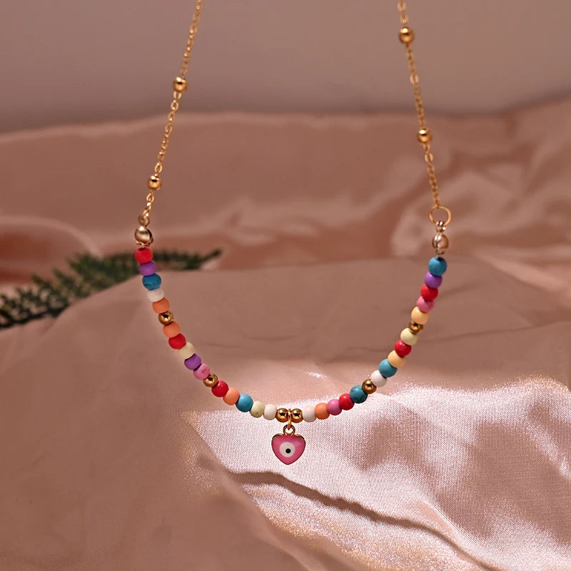 Y2K Beads Heart Choker Fashion Gold Color Stainless Steel Chain Tarnish Free Necklace for Women Summer Jewelry