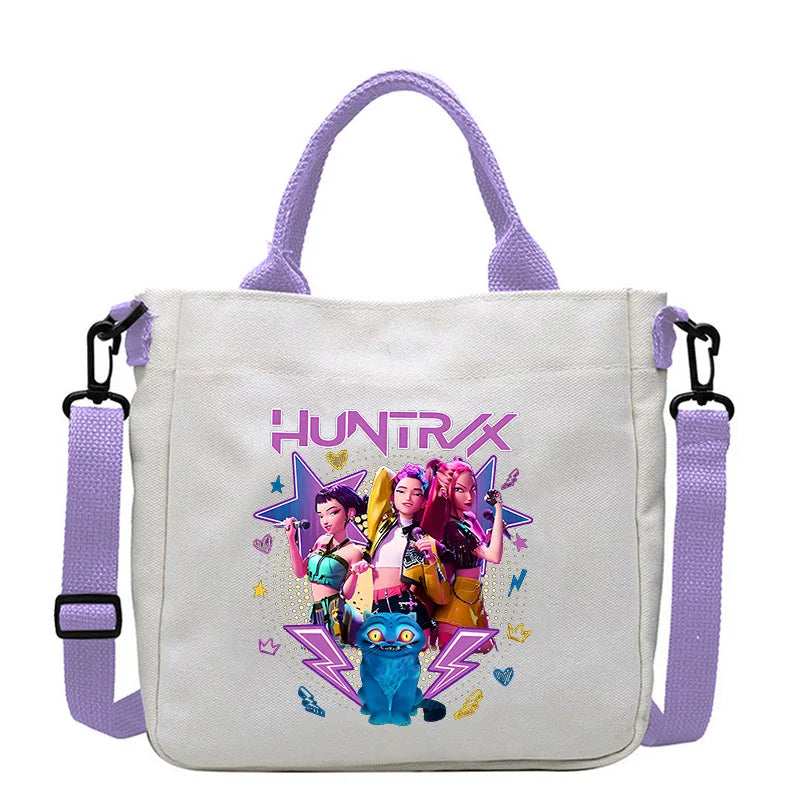 حقيبة قماشية جديدة من KPop Demon Hunters للفتيات، حقيبة يد مربعة أرجوانية بسيطة، حقيبة حمل، حقيبة كتف، هدية عيد ميلاد
