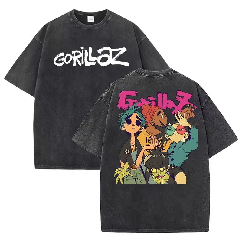 تي شيرتات Gorillaz Print للنساء/الرجال صيفية بأكمام قصيرة ورقبة مستديرة، تي شيرتات قطنية مغسولة برسومات مخصصة