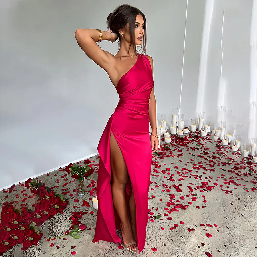 Sexy One Shoulder Satin Long Dress For Women Summer Sleeveless High Split Backless Party Evening Dresses Elegant Cocktail Dress
