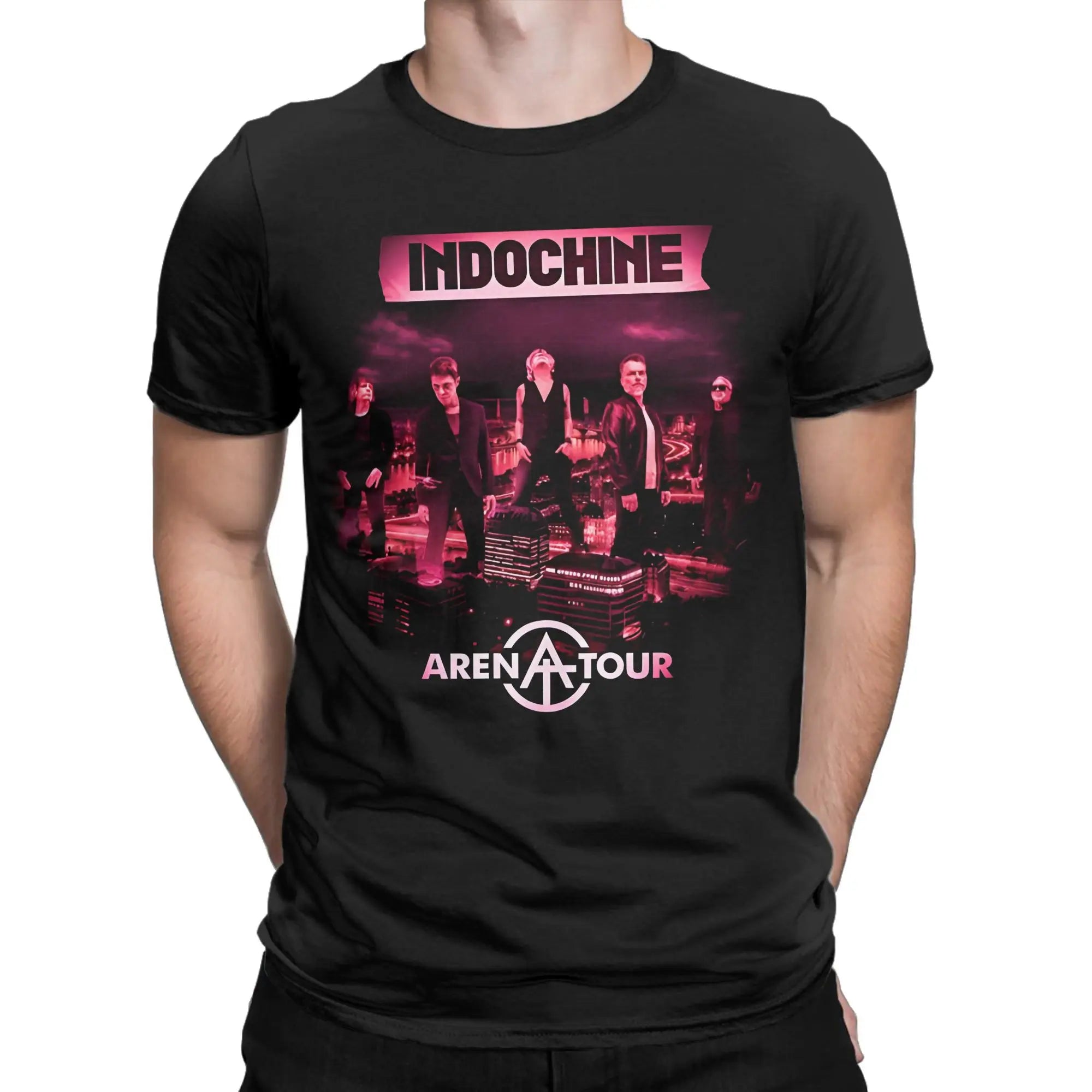 تي شيرت رجالي من القطن بتصميم كلاسيكي مطبوع عليه Indochine Arena Tour، تي شيرت برقبة دائرية، تي شيرتات بوب روك باند بأكمام قصيرة، بضائع بمقاسات كبيرة