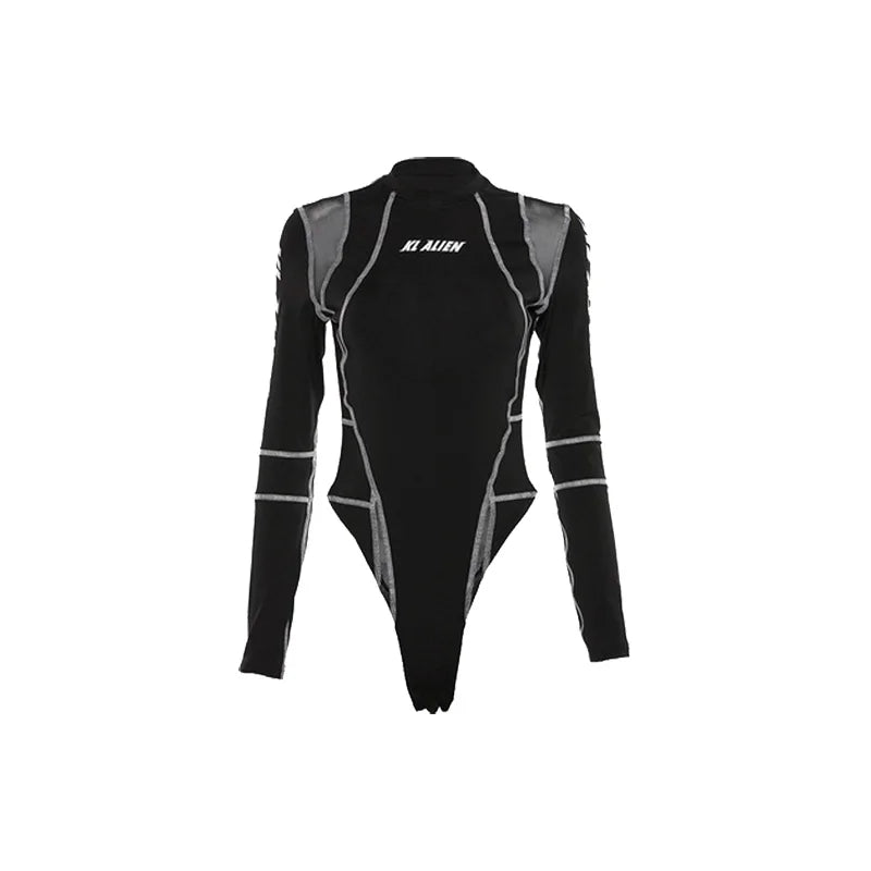 Sylcue Mesh Colorblock Half Turtleneck Bottoming Shirt Letter Print Topstitching Long Sleeve T-Shirt All-match One Piece Women