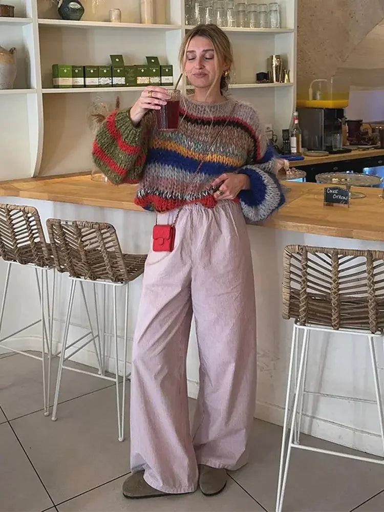 سترة نسائية كبيرة الحجم محبوكة برقبة دائرية وأكمام طويلة ومعطف نسائي فضفاض ودافئ غير رسمي 2024 ملابس خارجية جديدة للسيدات لخريف 2024